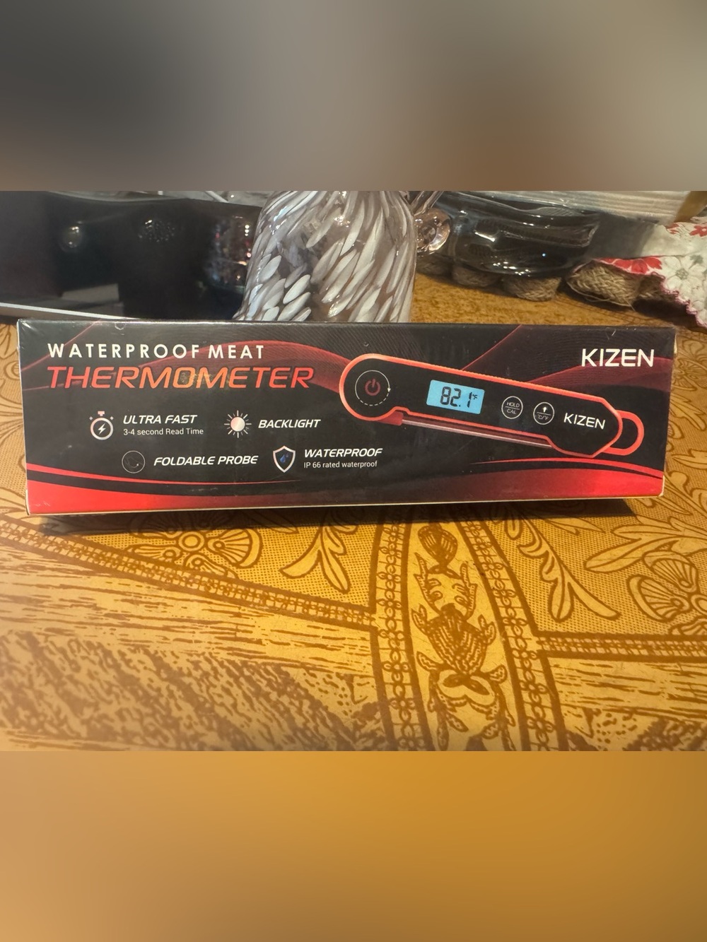 Waterproof Foldable Probe Meat Thermometer - Black & Red